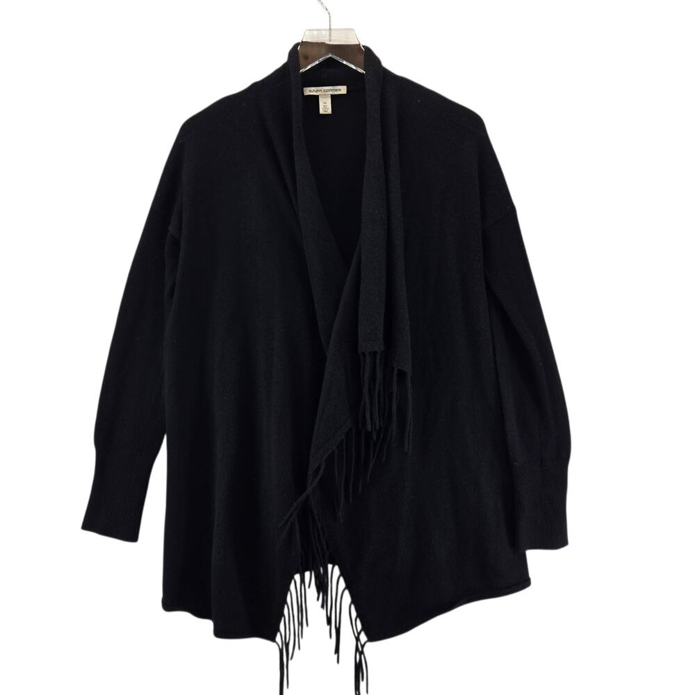 Autumn Cashmere 100% Cashmere XS Long Cardigan Sweater Black Fringed Open Front